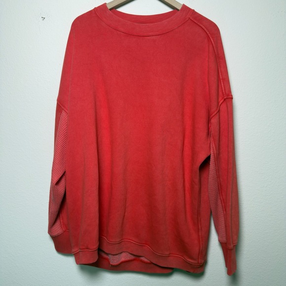 aerie Tops - Aerie Women Sweatshirt Large Red Oversized Waffle Knit Inset Crewneck Pullover